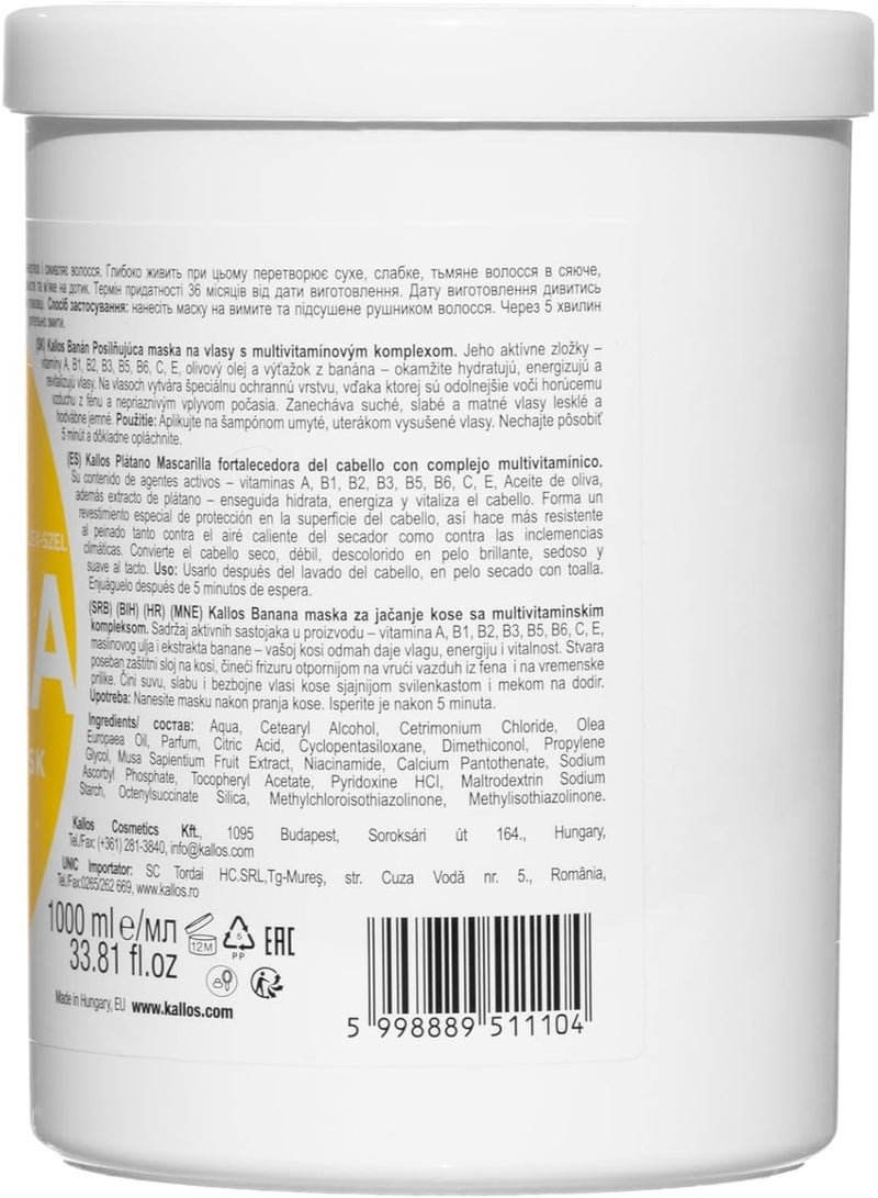 Kallos KJMN Banana Extract Fortifying Hair Mask for Dry, Fragile Hair, Hydrates and Protects Against Heat Styling Damage with Olive Oil and Vitamins 1L 1000ml - Image 3